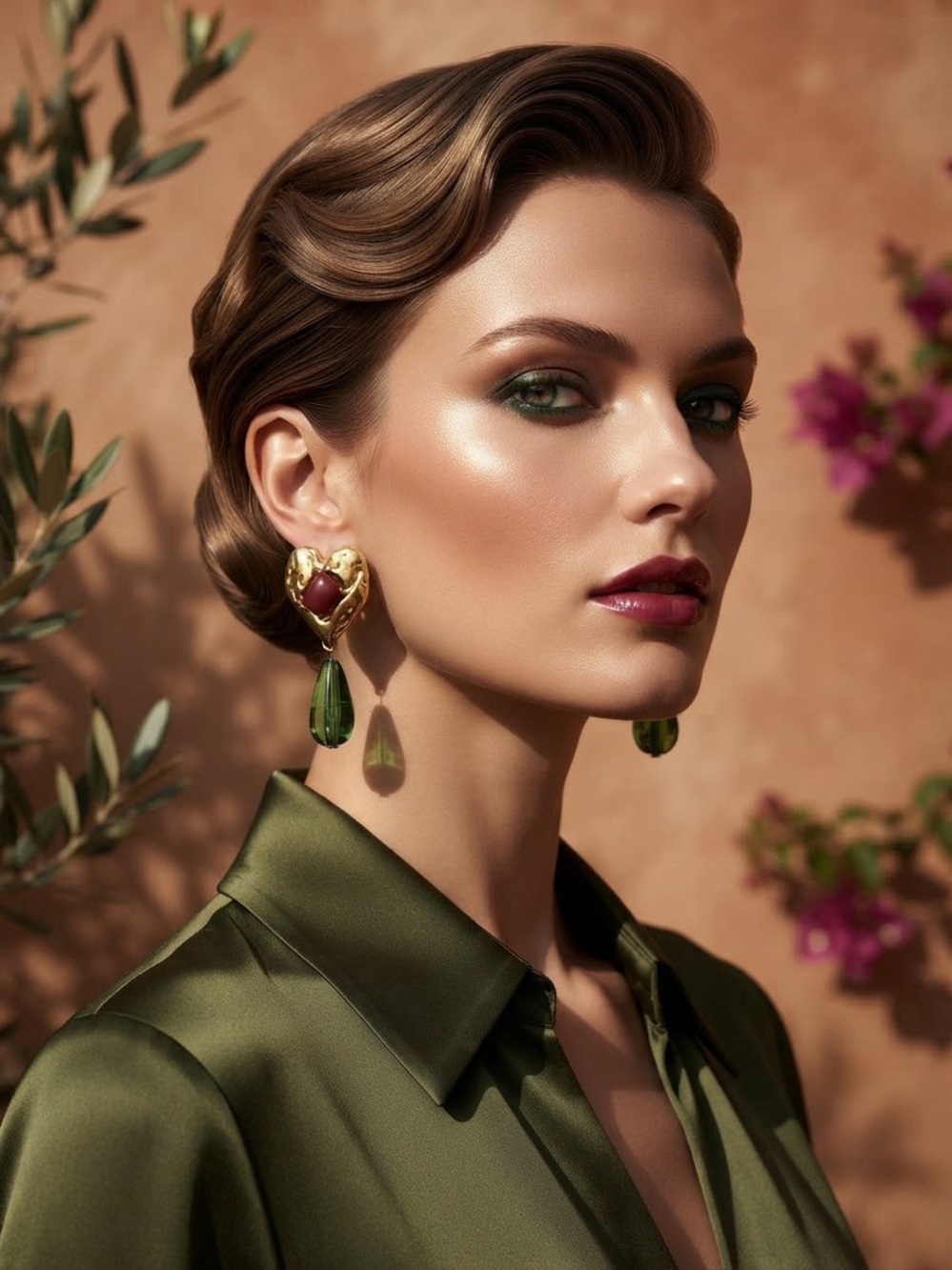 Gold Heart Drop Earrings with Green Teardrop Gem
